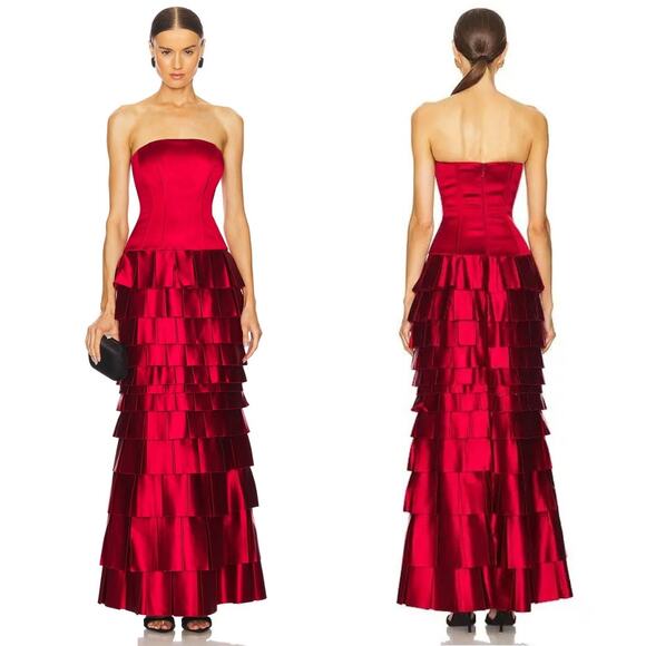 NBD | Echo Gown in Red Satin Drop Waist Strapless Tiered Layered Maxi Dress XS - Picture 1 of 16